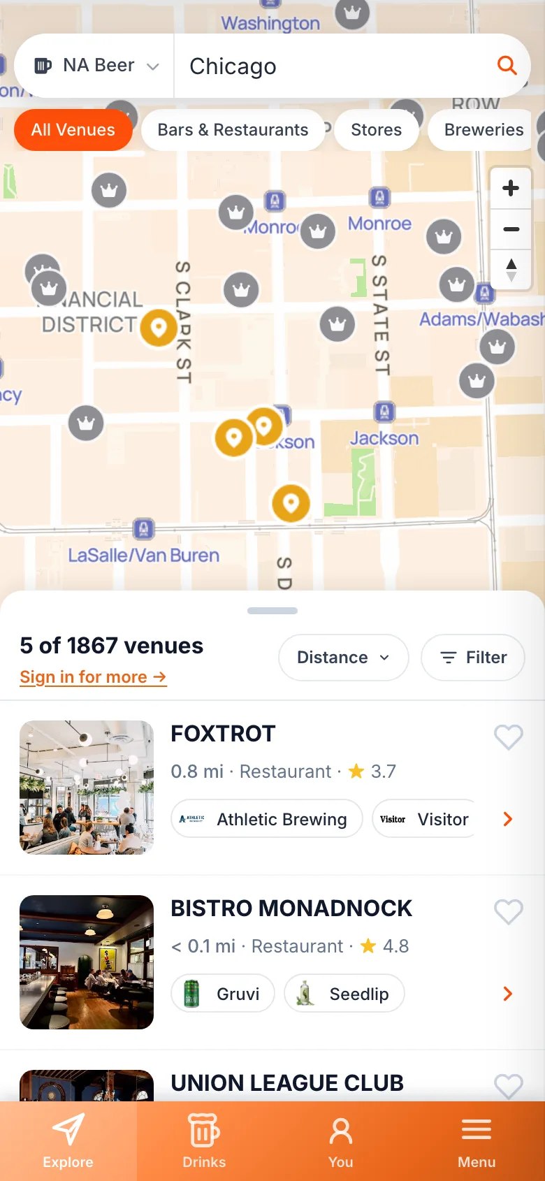 ChillMaps app map of Chicago showing bars, restaurants, and stores with non-alcoholic drinks