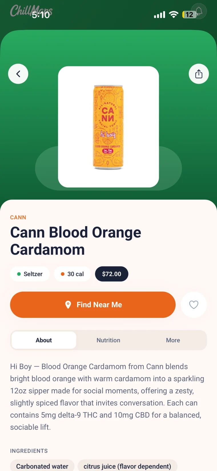 ChillMaps app THC drinks detail with save button
